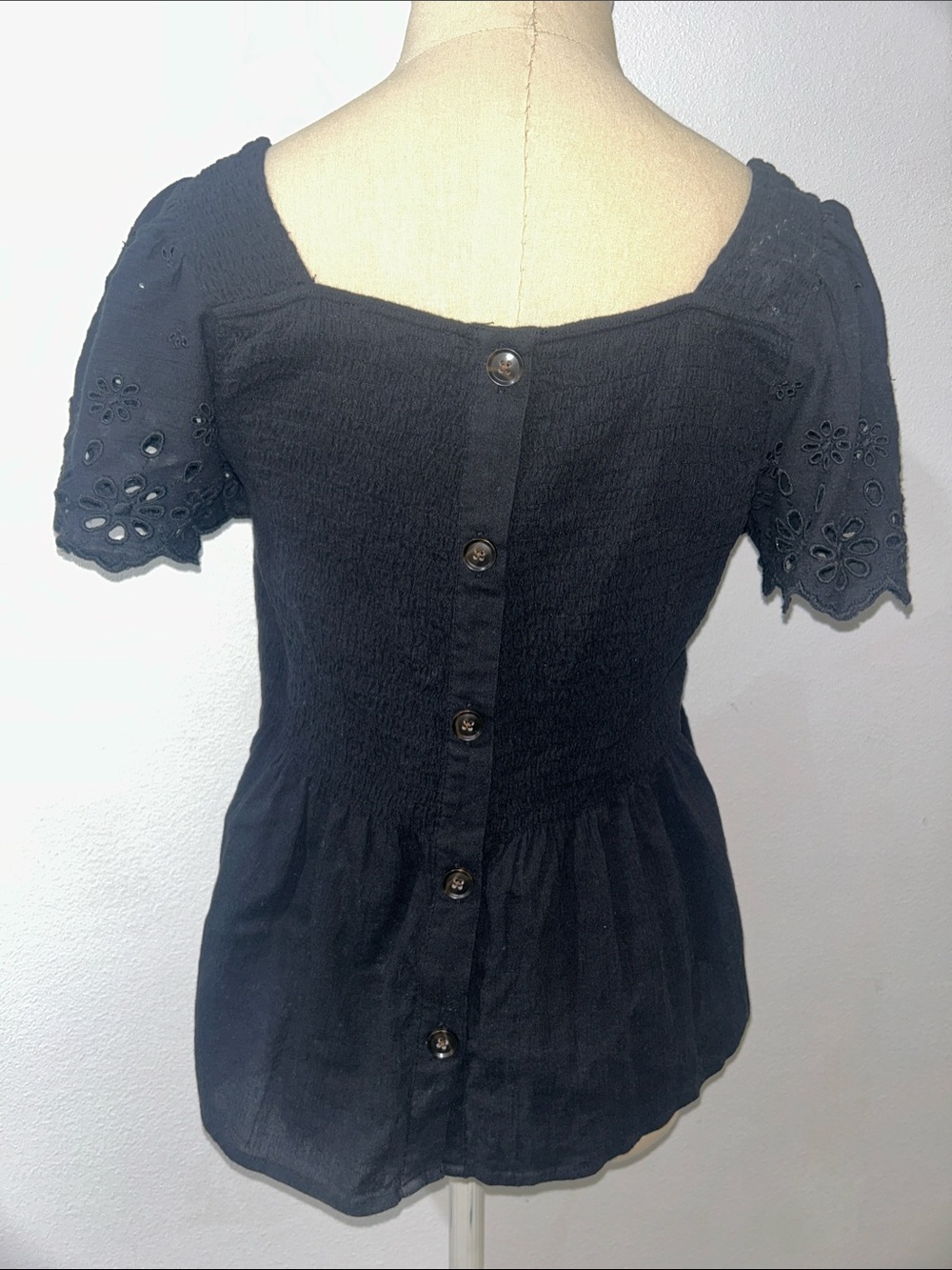 Madewell Black Smocked Square-Neck Top with Eyelet Short Sleeves